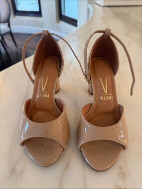 Vizzano Nude Patent Open-Toe Ankle-Strap Block Heels